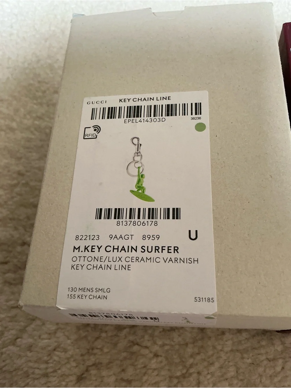 NEW IN BOX GUCCI NEON GREEN CERAMIC SILVER SURFER KEYCHAIN KEY RING FOB